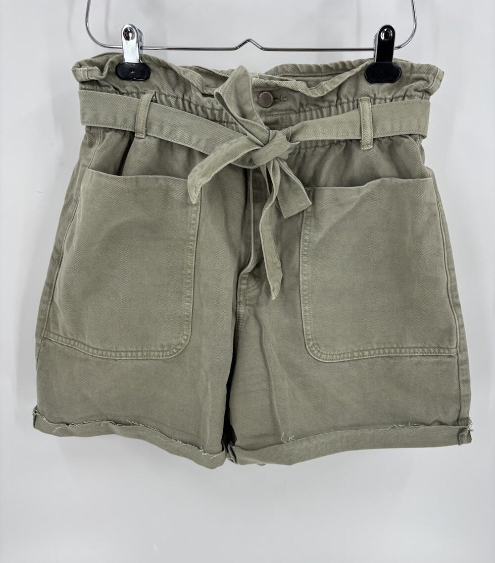 Zara Paperbag Shorts Womens 10 Green Belted High Rise Patch Pockets Denim Cuffed